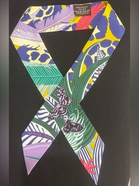 Hermès Purple Green Yellow Printed Silk Twilly with Butterfly Motif